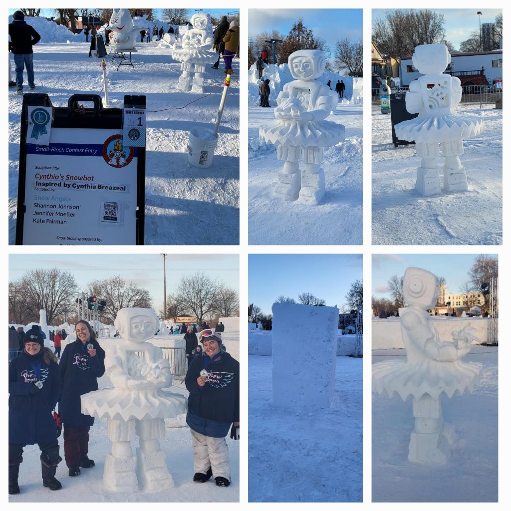 A six-block grid of photos showing a robot made of snow. A sign reads that "Cynthia's Snowbot" was inspired by RAISE director Cynthia Breazeal